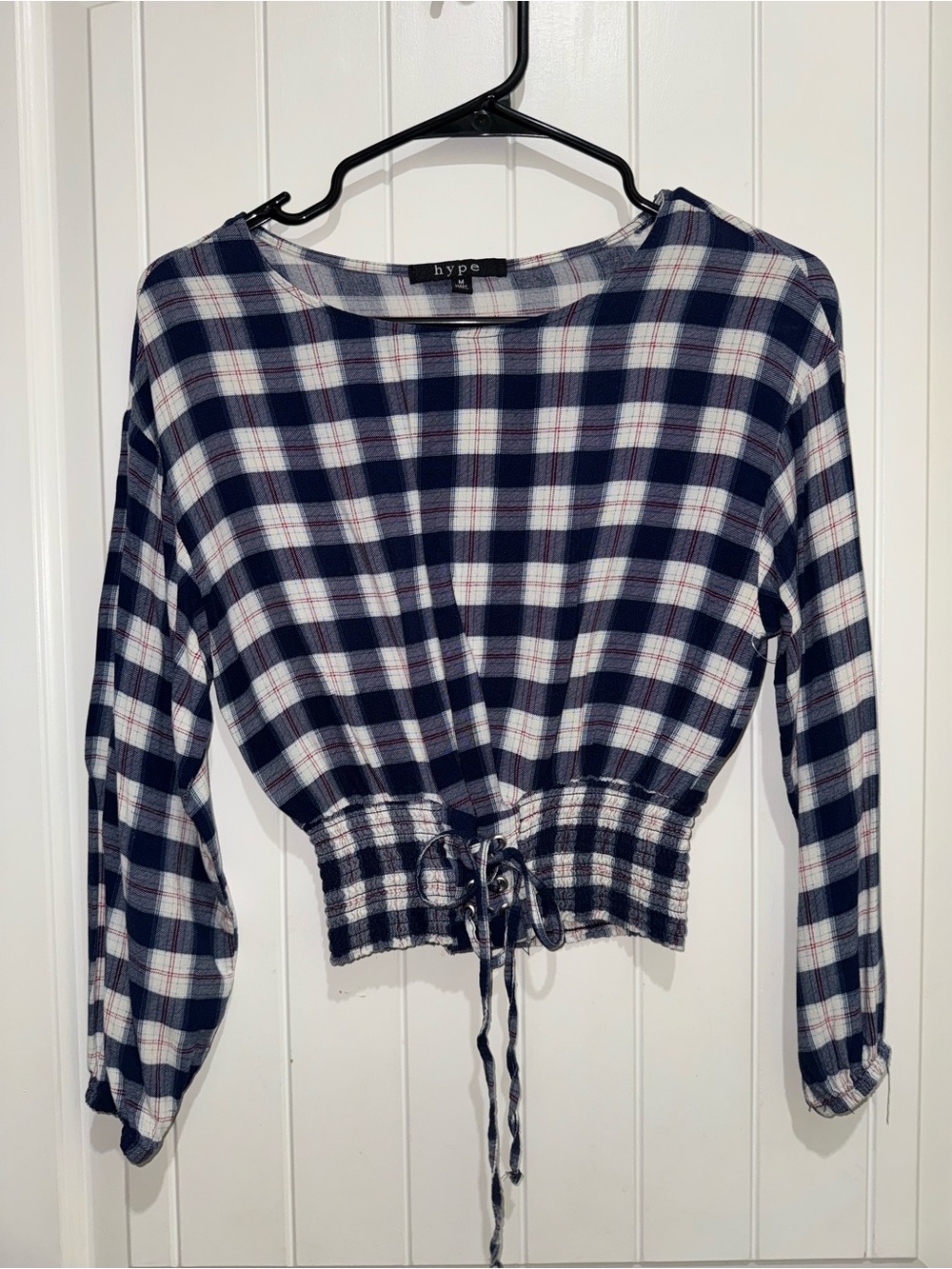 Hype Navy White Plaid Long-Sleeve Cropped Top with Drawstring